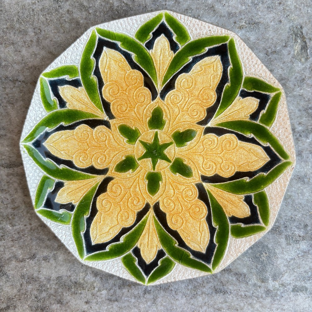 Tutanka Vintage Enamel Octagonal Plate Green Gold Mandala Trinket Dish 698394